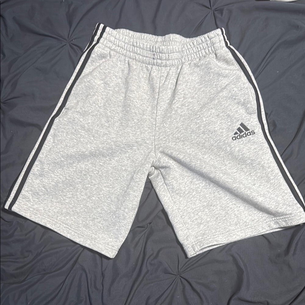 Adidas Gray Athletic Shorts with Three-Stripe Design